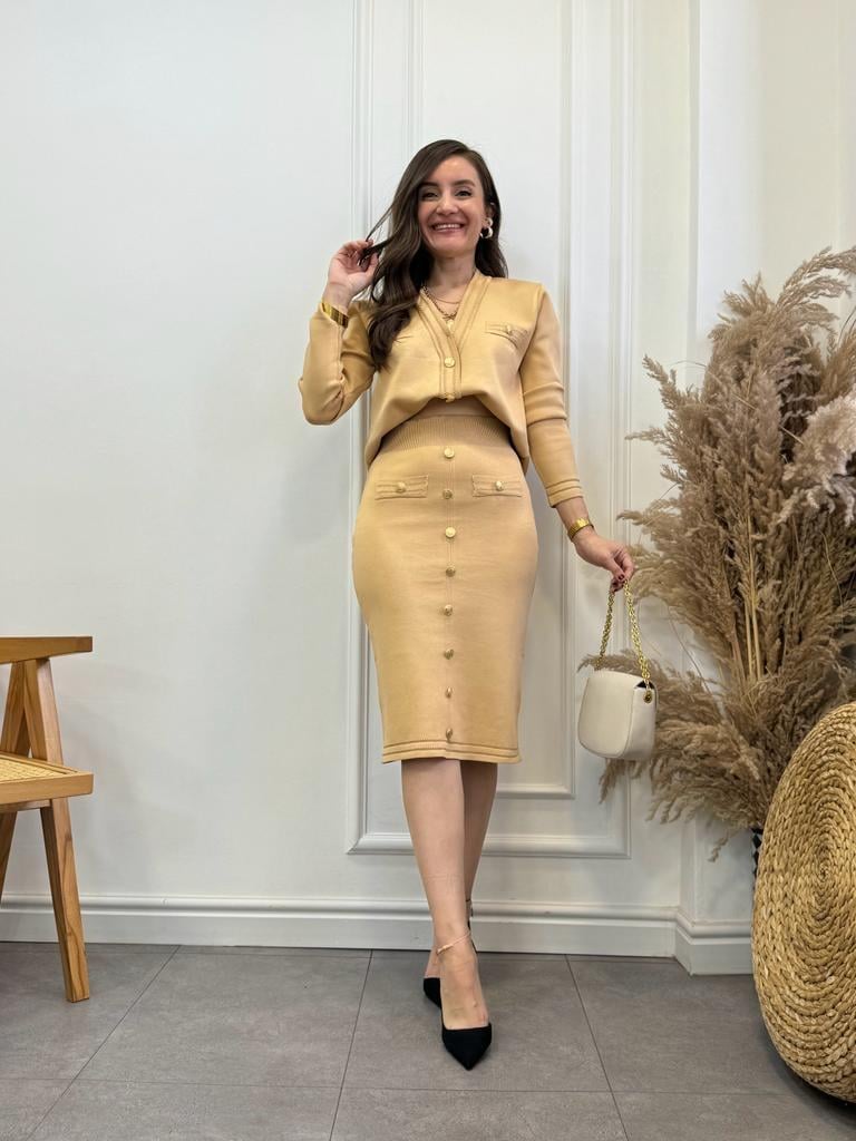Camel Lüx Kalite Gold Düğmeli Hırka Etek Triko Takım 08013