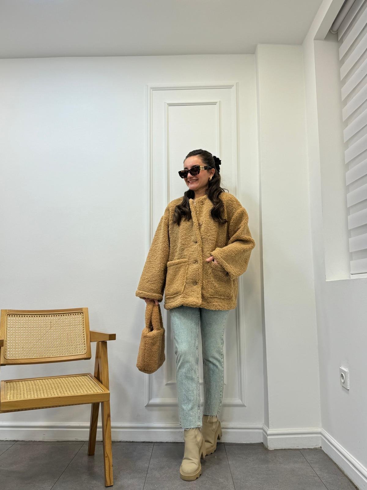 Camel Ön Cepli Peluş Ceket 7367