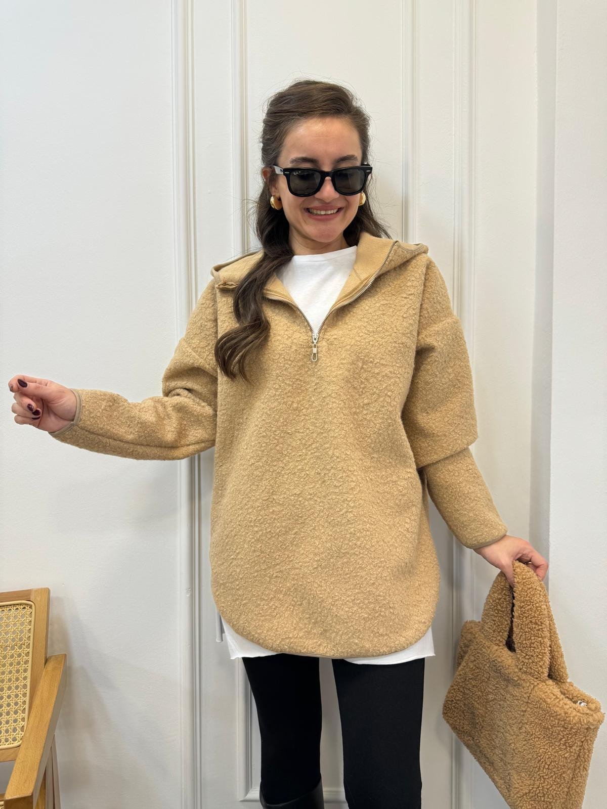 Camel Ön Fermuar Detaylı Kapüşonlu Teddy Sweatshırt 8046