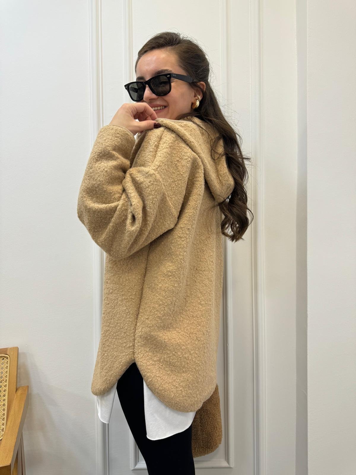 Camel Ön Fermuar Detaylı Kapüşonlu Teddy Sweatshırt 8046