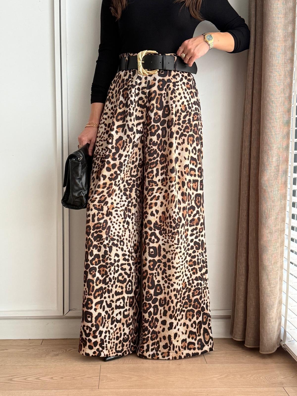 Camel Özel Dokulu Kemerli Leopar Pantolon 1725