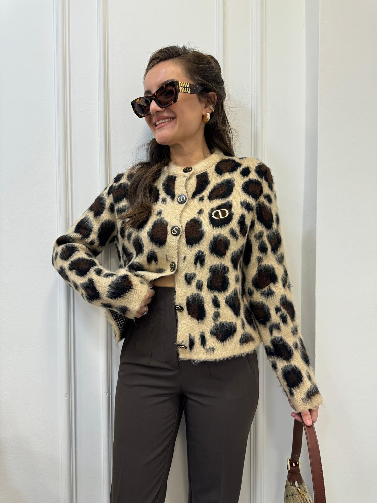 Camel Özel Marka Leopar Desen Sakallı Hırka 0902