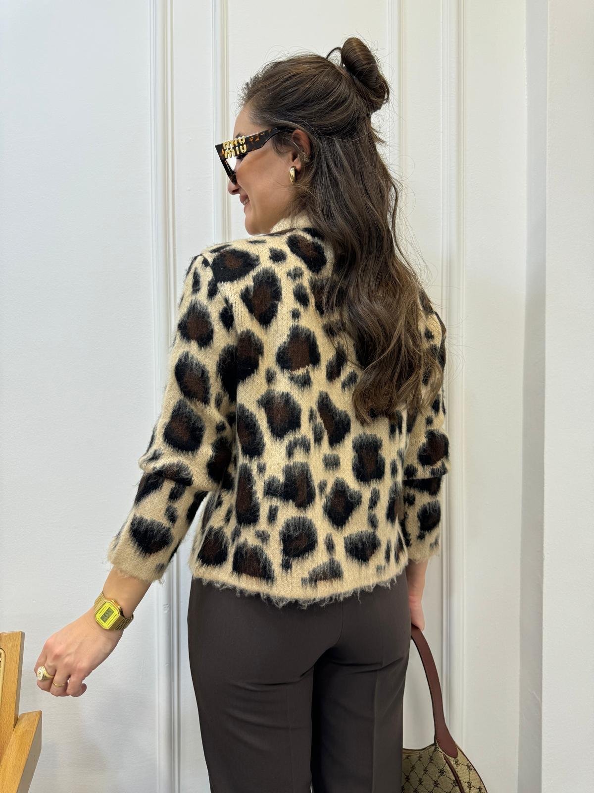 Camel Özel Marka Leopar Desen Sakallı Hırka 0902