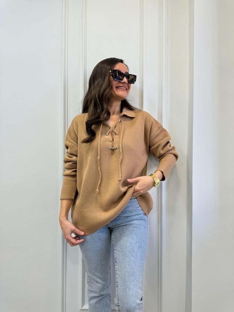 Camel Polo Yaka Bağcıklı Triko Kazak 4101