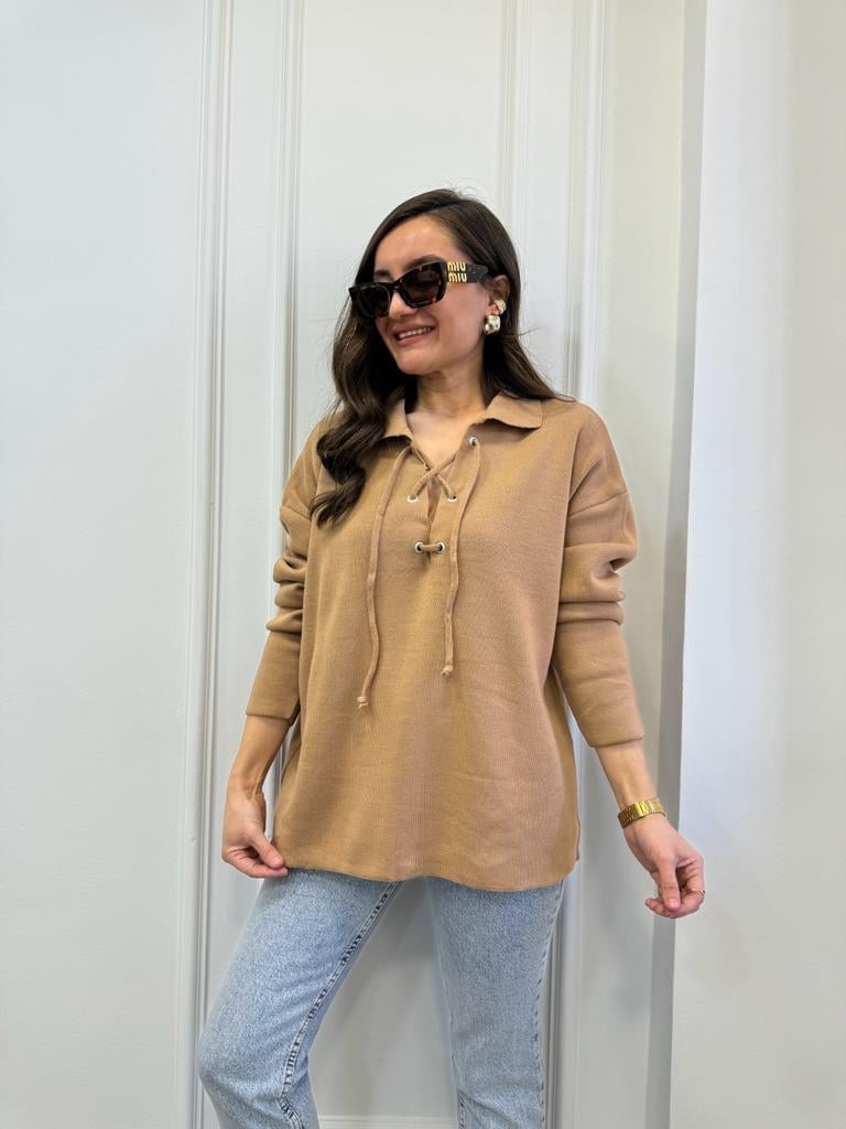 Camel Polo Yaka Bağcıklı Triko Kazak 4101