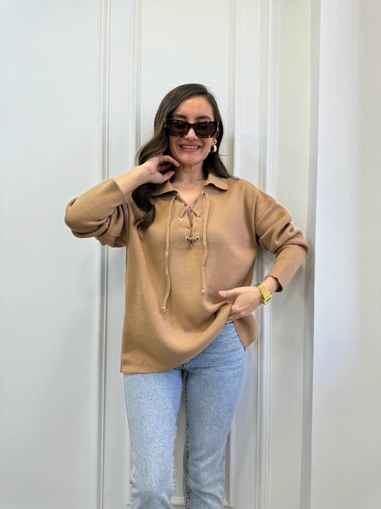 Camel Polo Yaka Bağcıklı Triko Kazak 4101