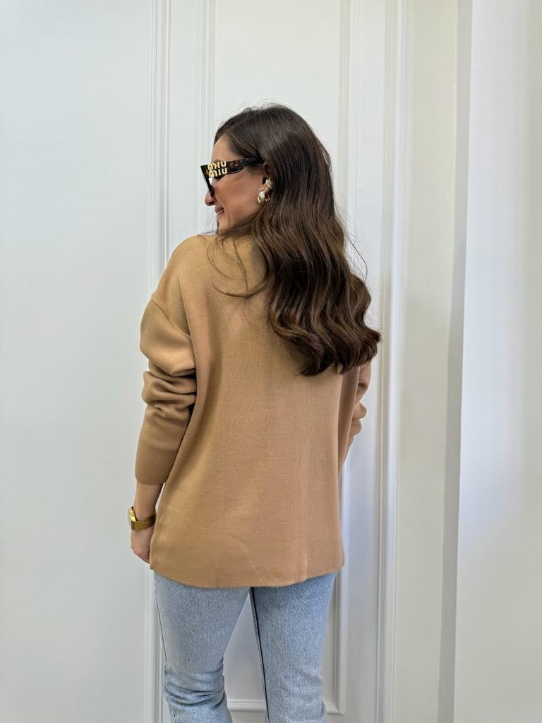 Camel Polo Yaka Bağcıklı Triko Kazak 4101