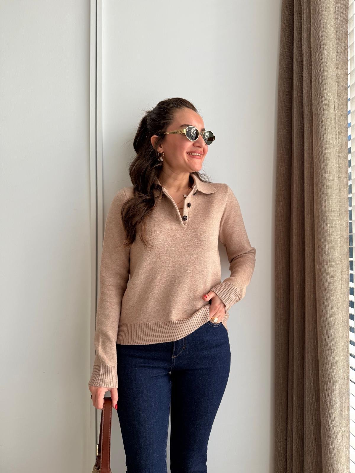 Camel Polo Yaka Düğmeli Triko Kazak 241174
