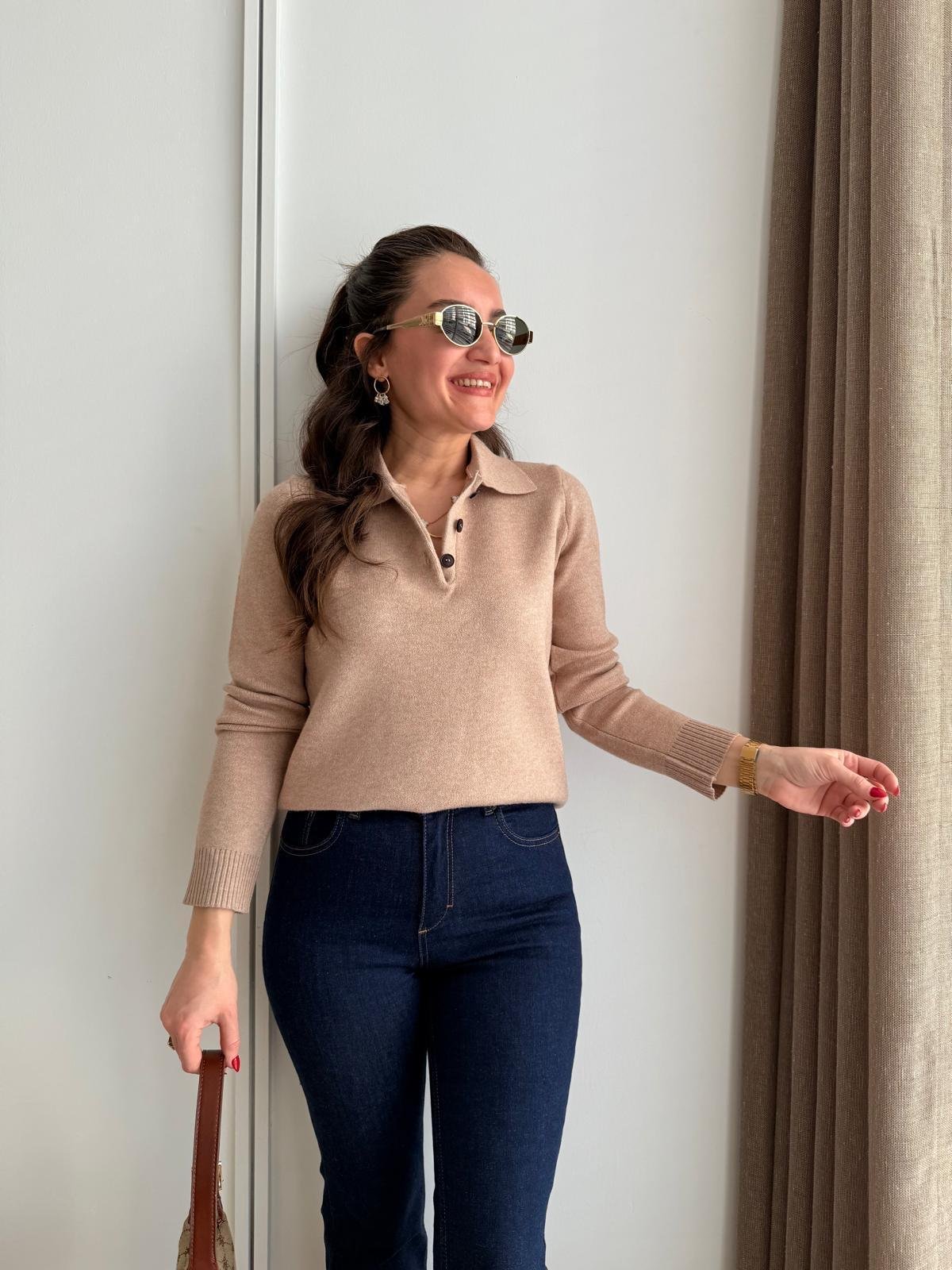 Camel Polo Yaka Düğmeli Triko Kazak 241174