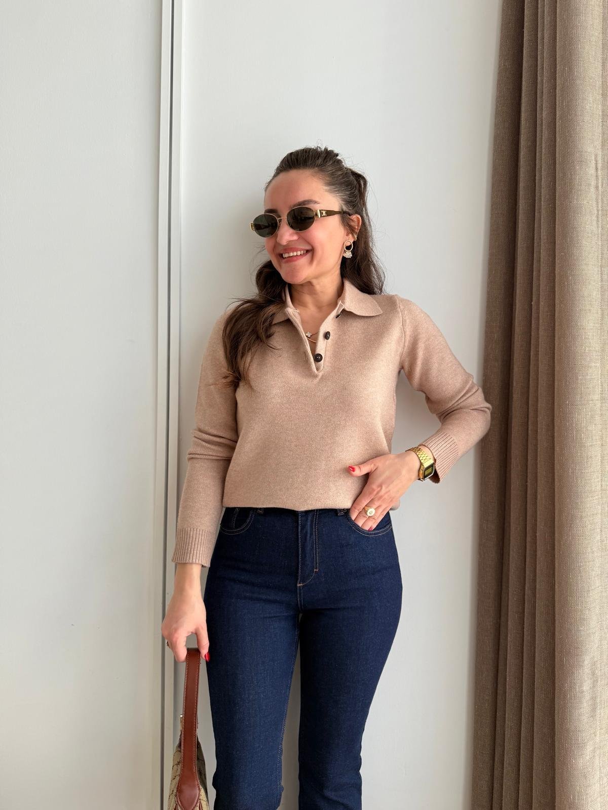 Camel Polo Yaka Düğmeli Triko Kazak 241174