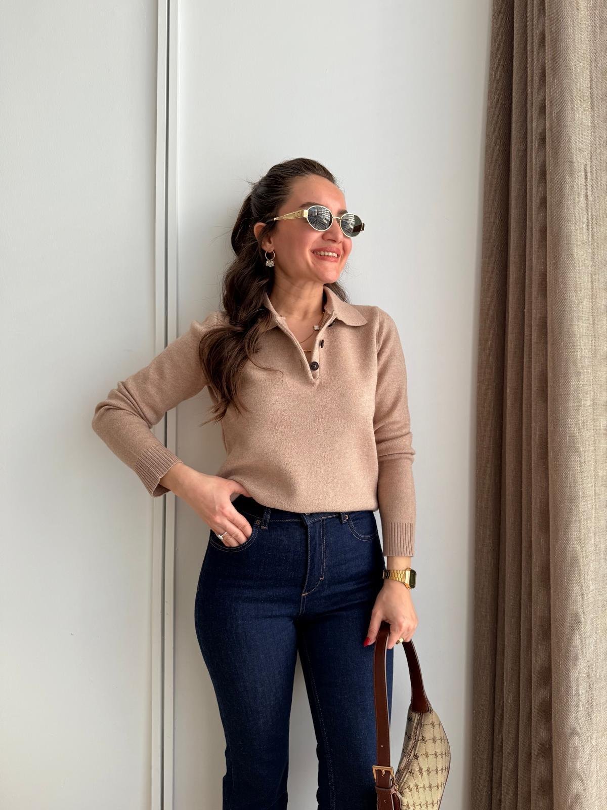 Camel Polo Yaka Düğmeli Triko Kazak 241174