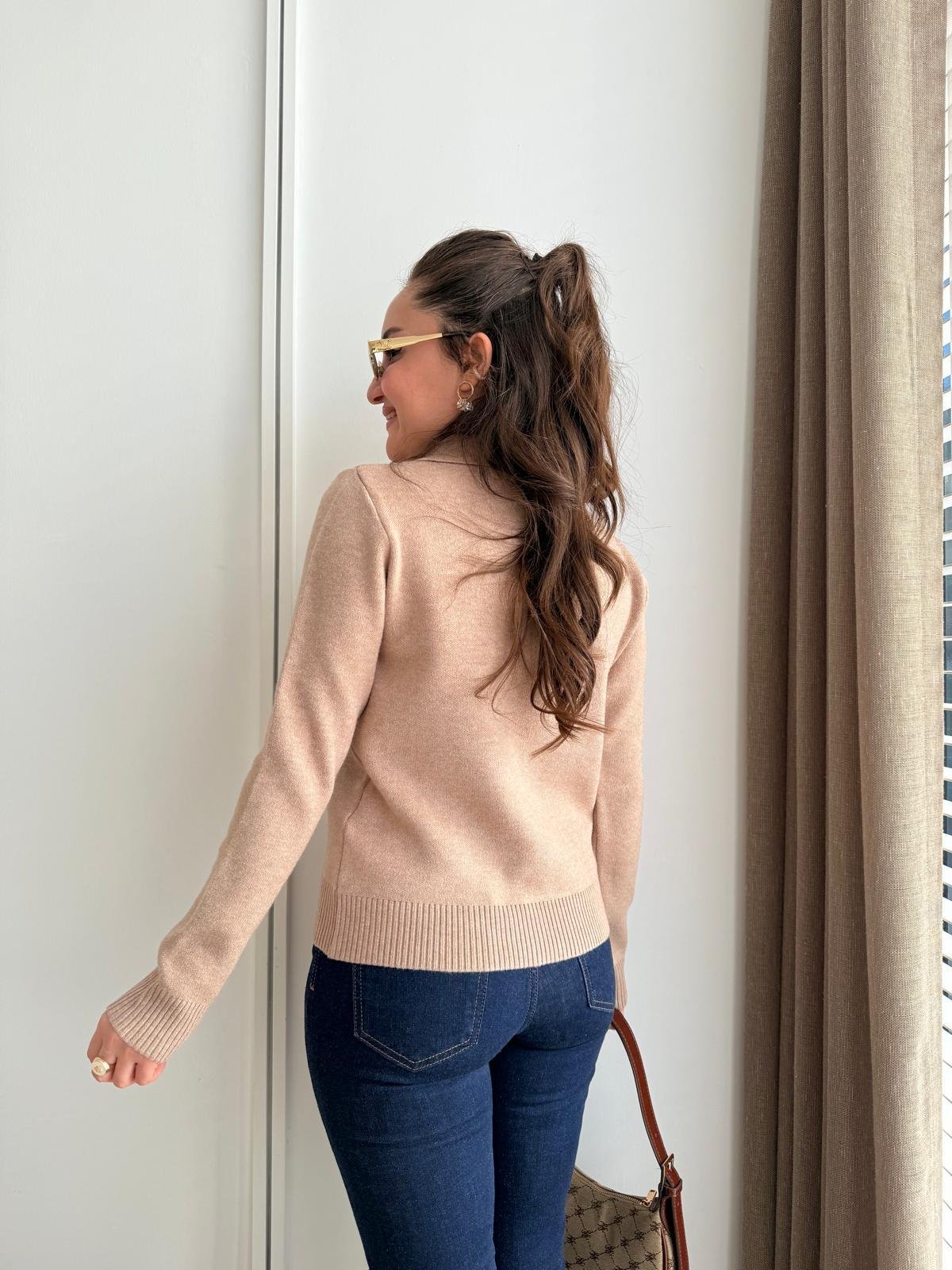 Camel Polo Yaka Düğmeli Triko Kazak 241174