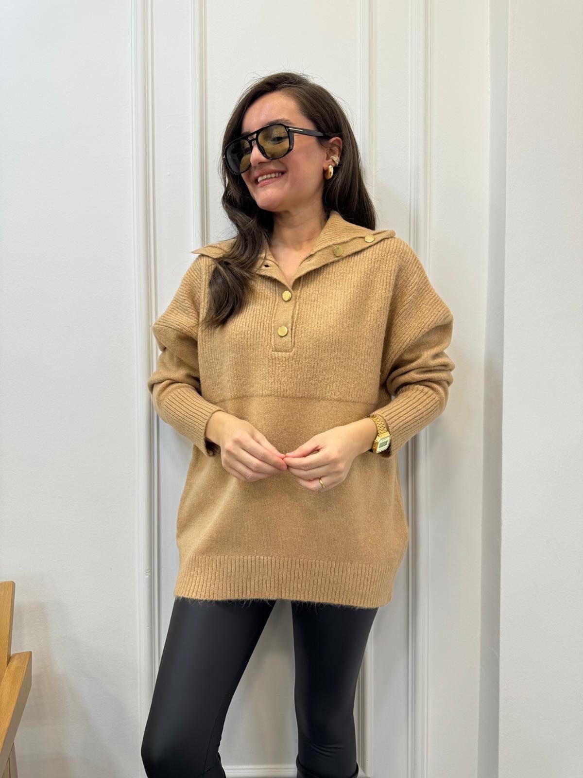 Camel Polo Yaka Gold Düğme Detaylı Triko Kazak 22733