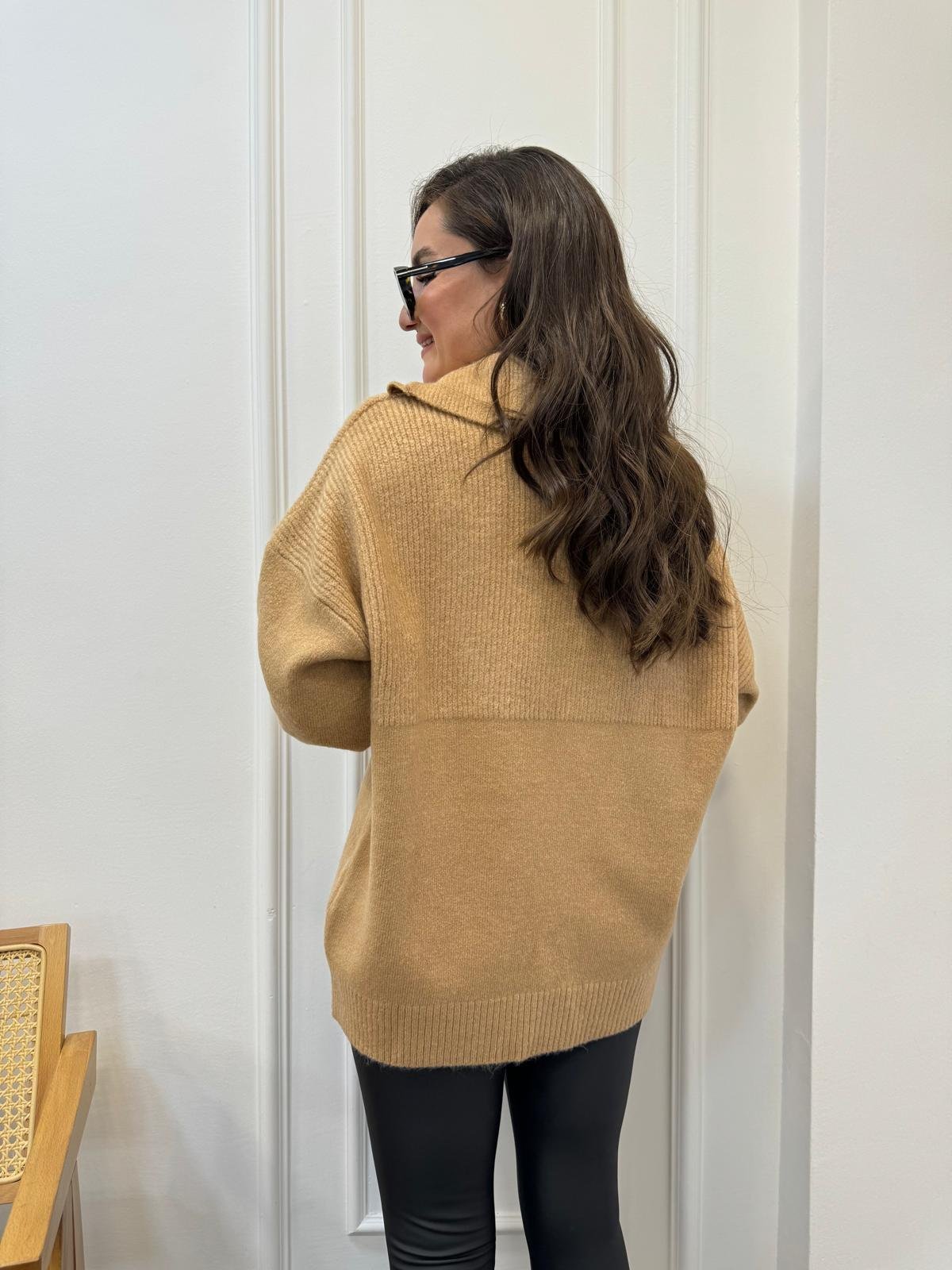 Camel Polo Yaka Gold Düğme Detaylı Triko Kazak 22733