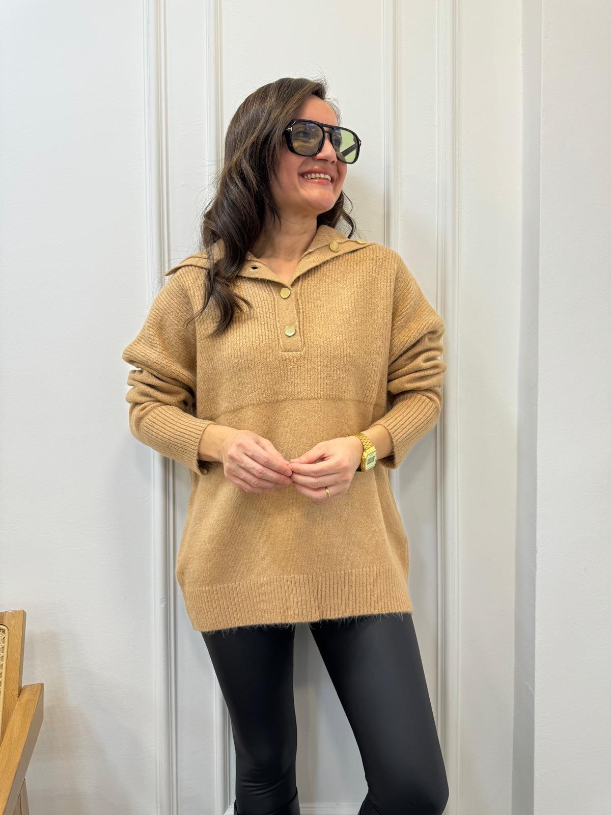 Camel Polo Yaka Gold Düğme Detaylı Triko Kazak 22733