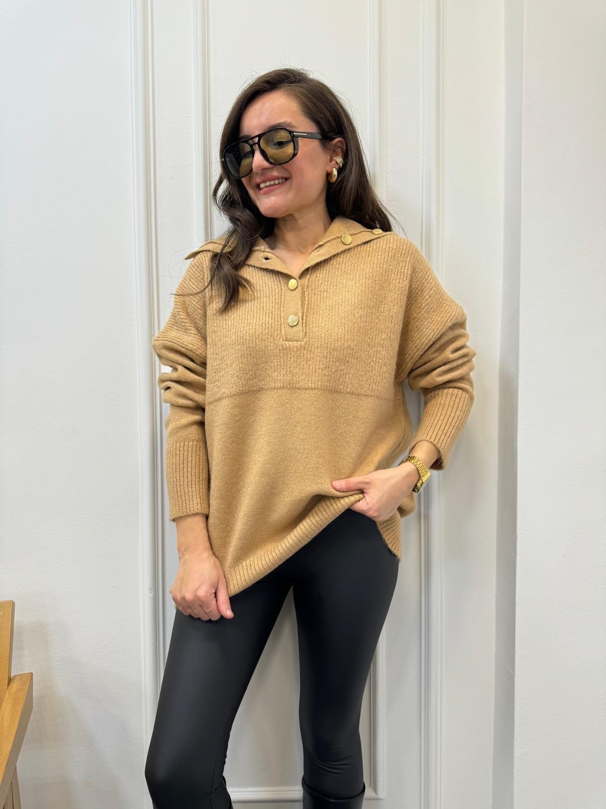 Camel Polo Yaka Gold Düğme Detaylı Triko Kazak 22733