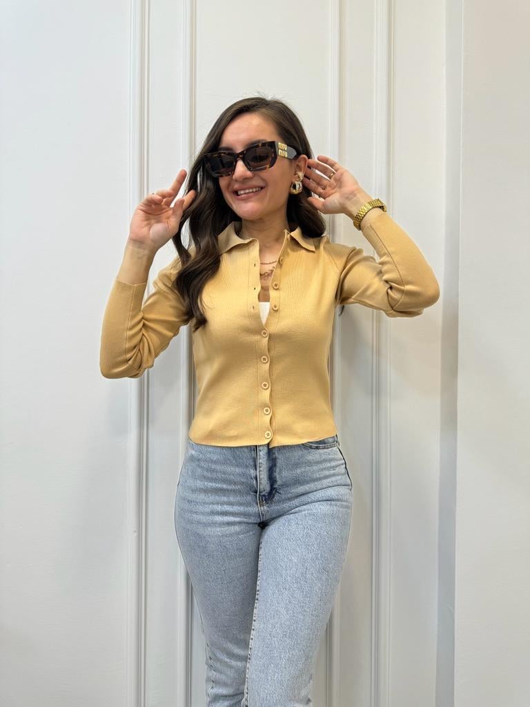 Camel Polo Yaka Önü Düğmeli Hırka 3609