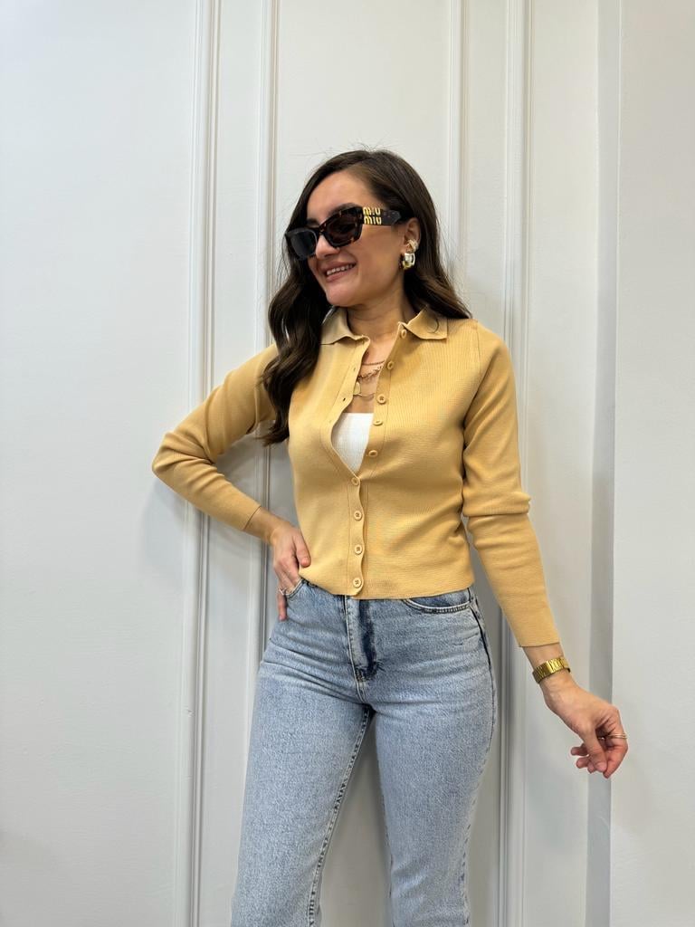 Camel Polo Yaka Önü Düğmeli Hırka 3609