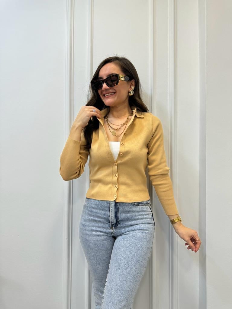 Camel Polo Yaka Önü Düğmeli Hırka 3609