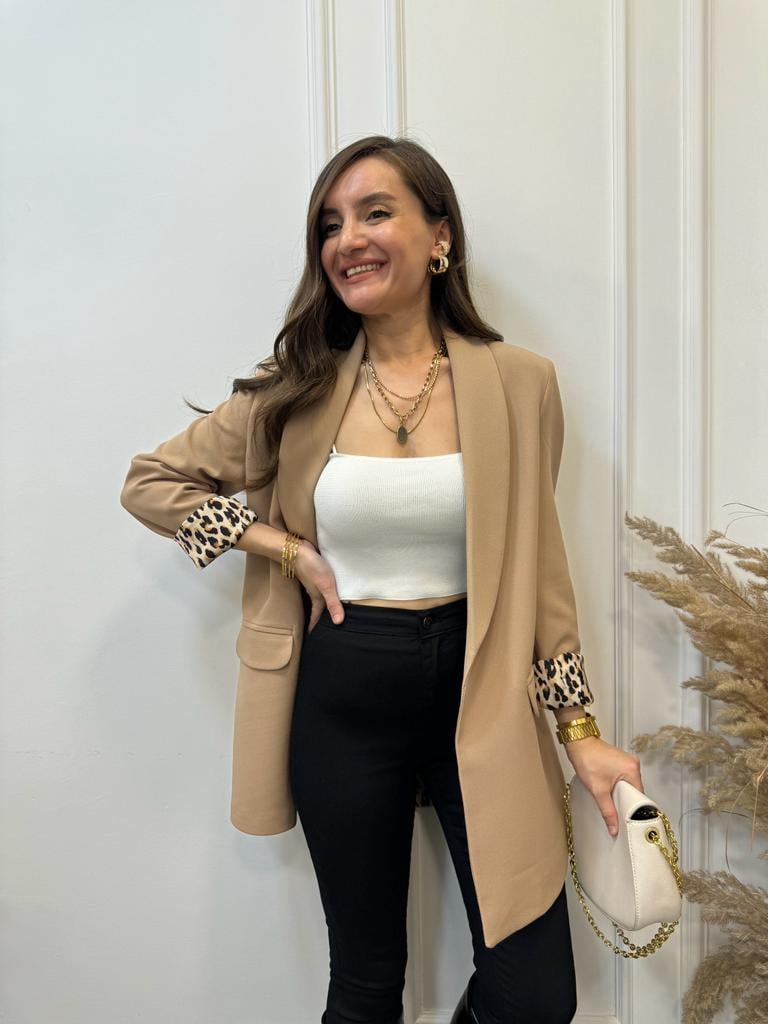Camel Premium Kalite Leopar Astarlı Blazer Ceket 9227