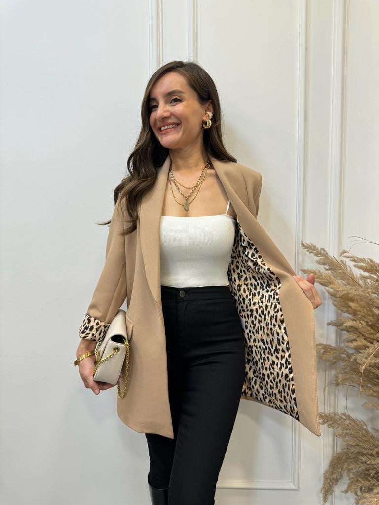 Camel Premium Kalite Leopar Astarlı Blazer Ceket 9227