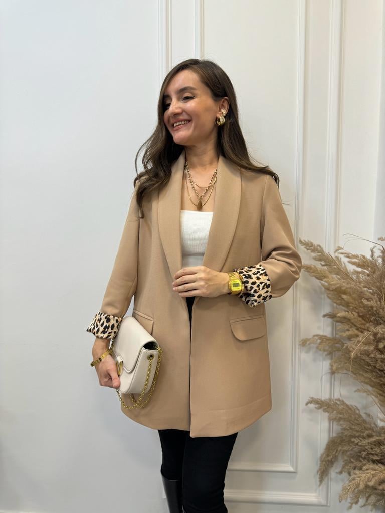 Camel Premium Kalite Leopar Astarlı Blazer Ceket 9227