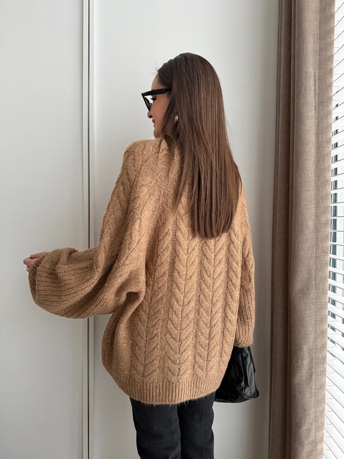 Camel Saç Örgülü Sim Geçişli Kazak 4578