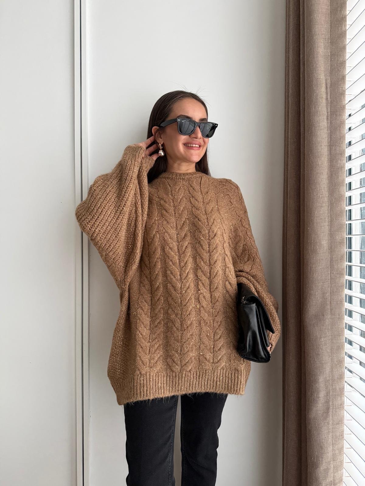 Camel Saç Örgülü Sim Geçişli Kazak 4578