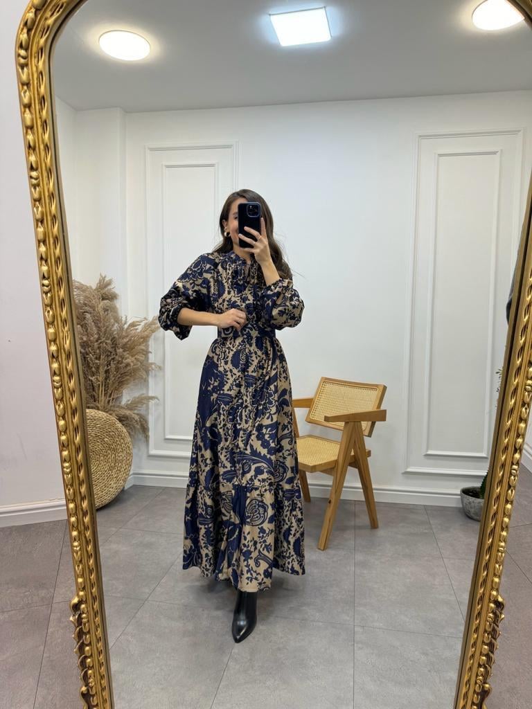 Camel Sax Desenli Kemerli Hakim Yaka Elbise 035