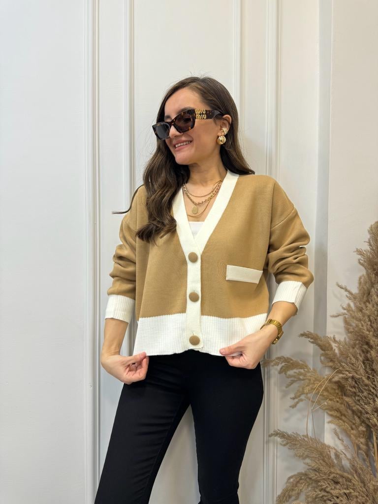 Camel Şeritli Düğmeli Hırka 4028