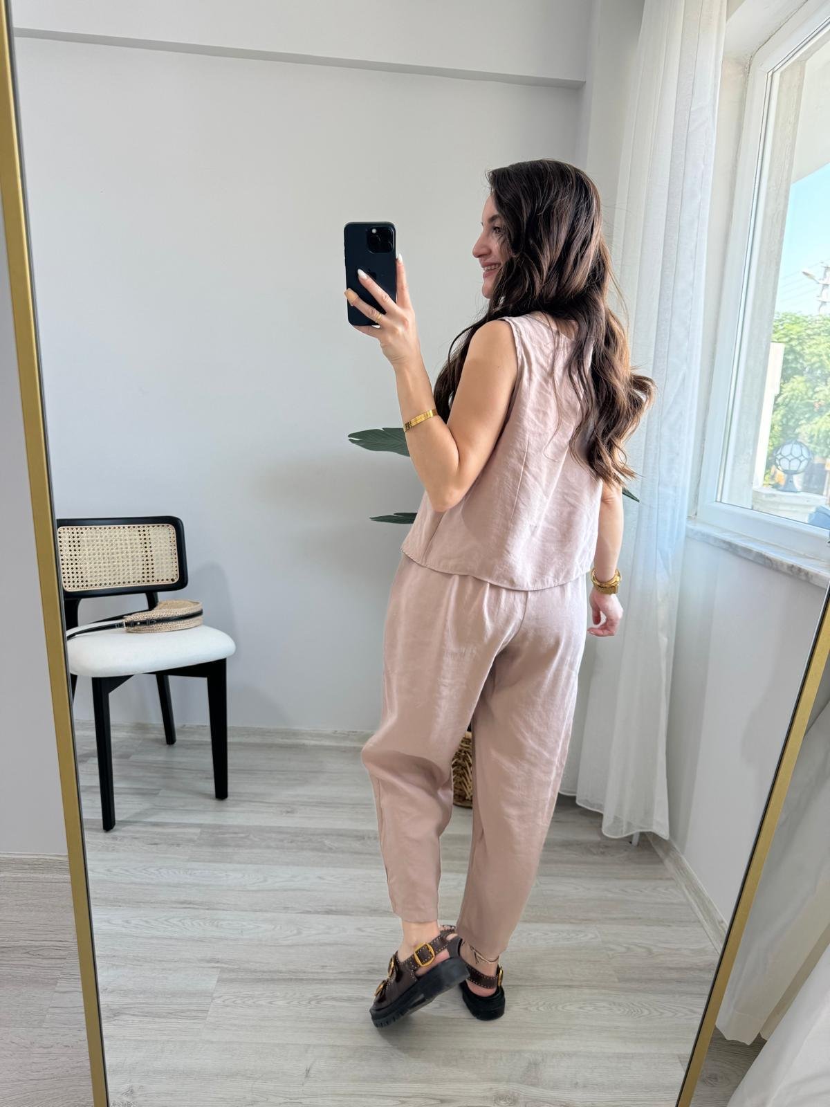 Camel Sıfır Kol Bluz Pantolon Takım 3089
