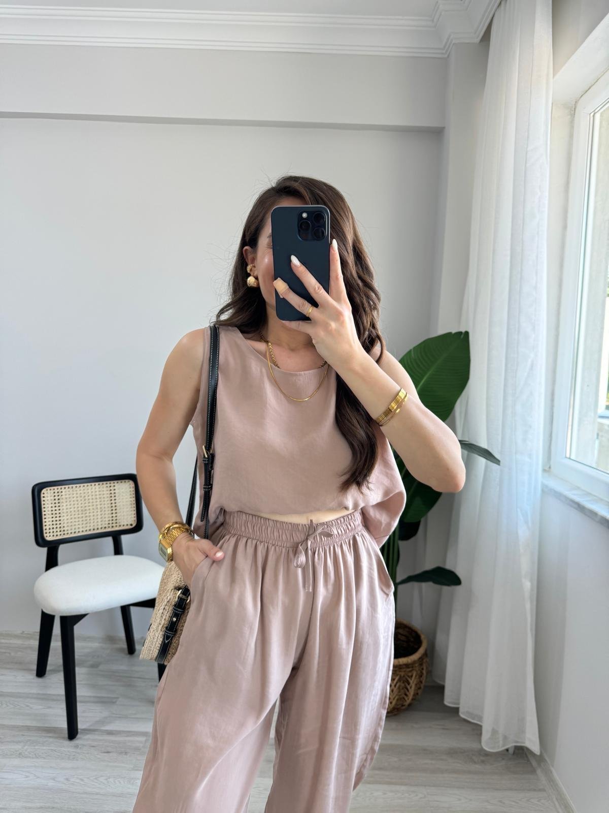 Camel Sıfır Kol Bluz Pantolon Takım 3089