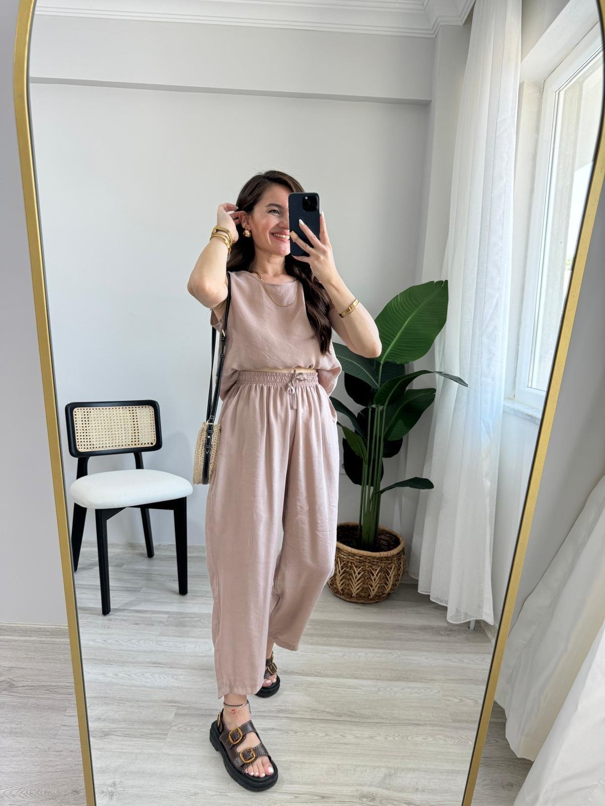 Camel Sıfır Kol Bluz Pantolon Takım 3089