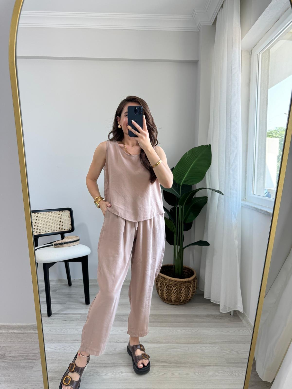 Camel Sıfır Kol Bluz Pantolon Takım 3089