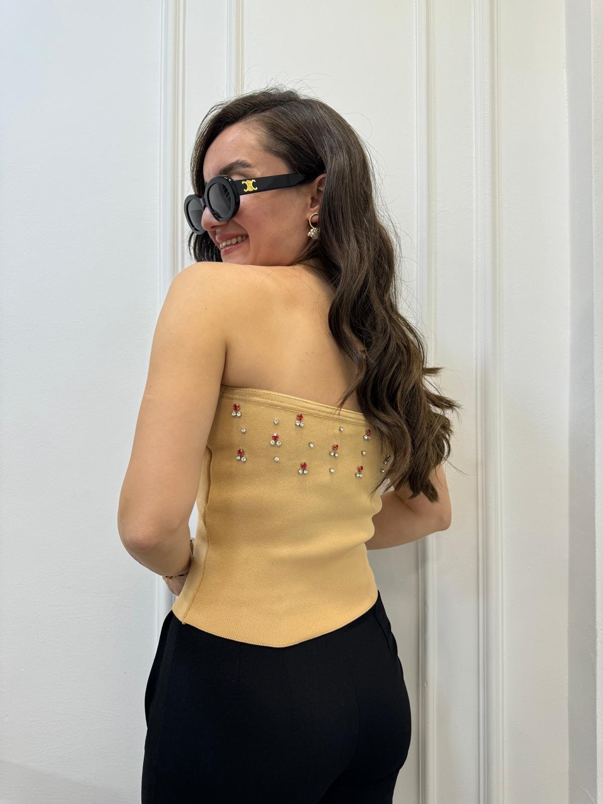 Camel Taş Detaylı Crop Hırka Takım 4396