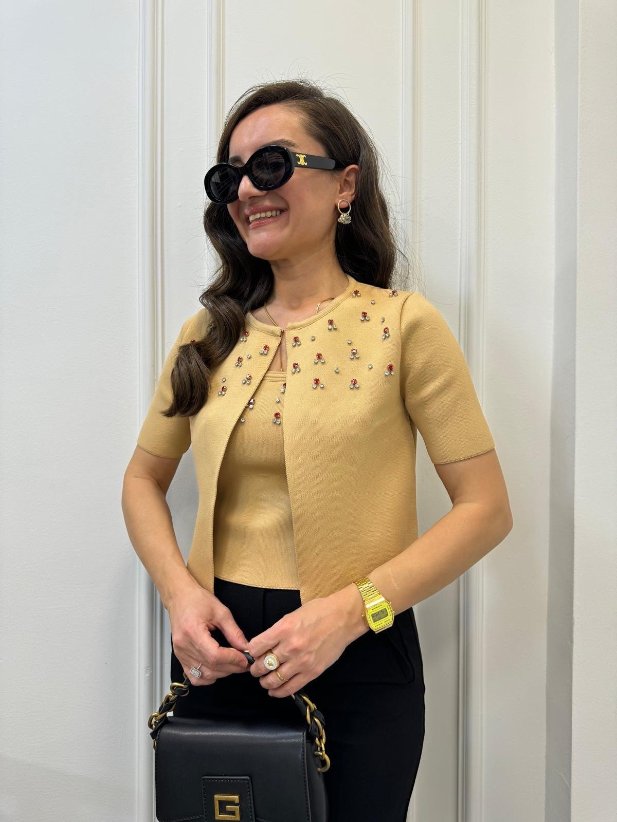 Camel Taş Detaylı Crop Hırka Takım 4396