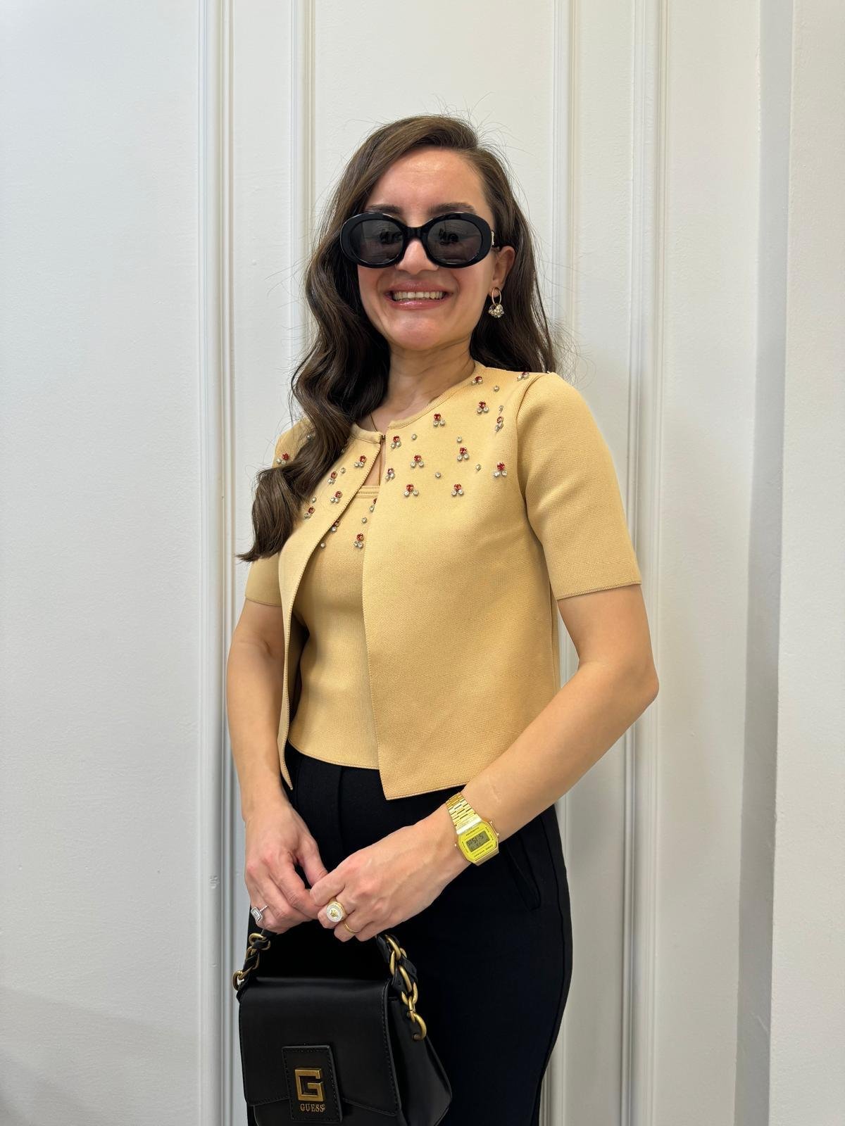 Camel Taş Detaylı Crop Hırka Takım 4396