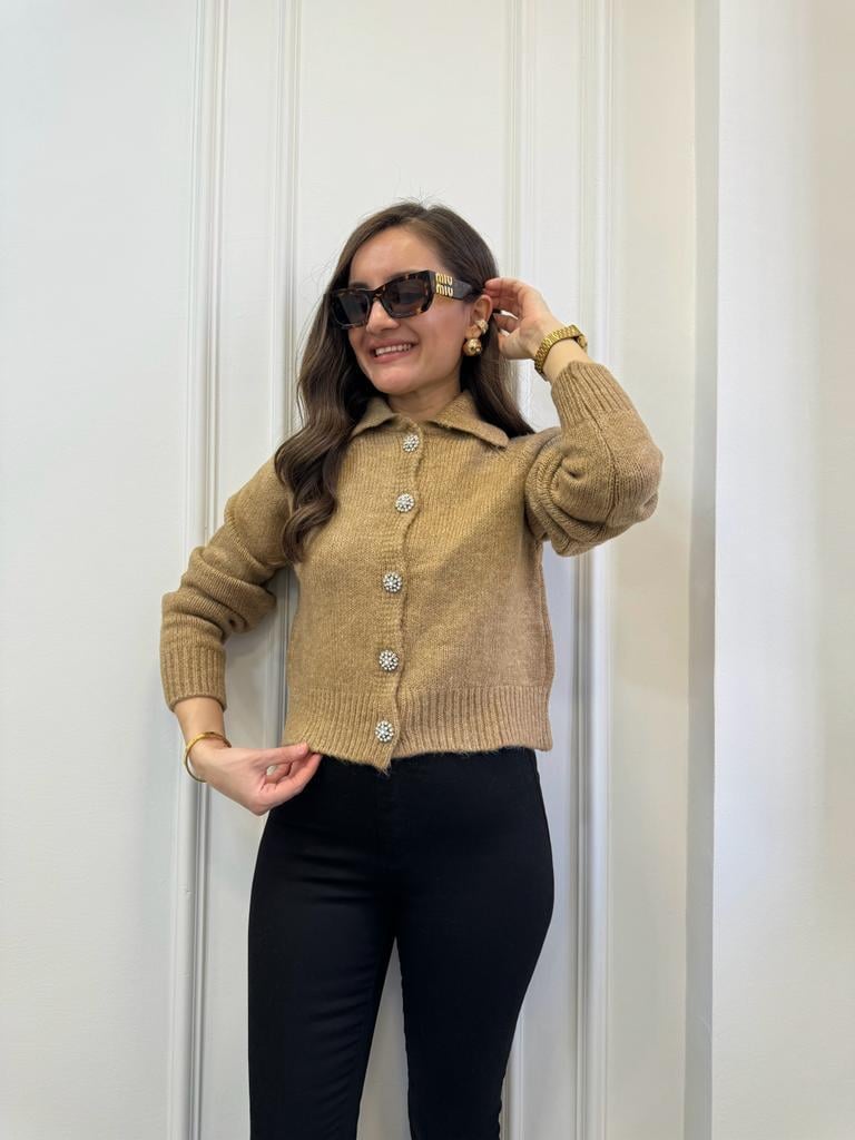 Camel Taş Düğme Detaylı Polo Yaka Hırka 3844