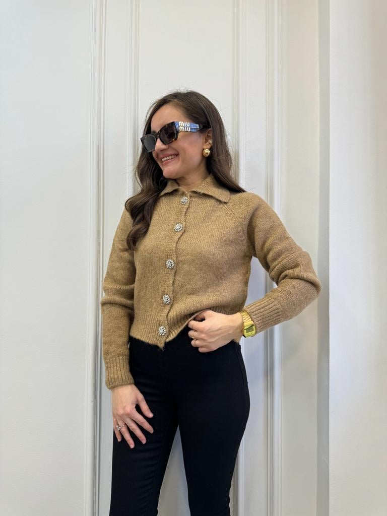 Camel Taş Düğme Detaylı Polo Yaka Hırka 3844