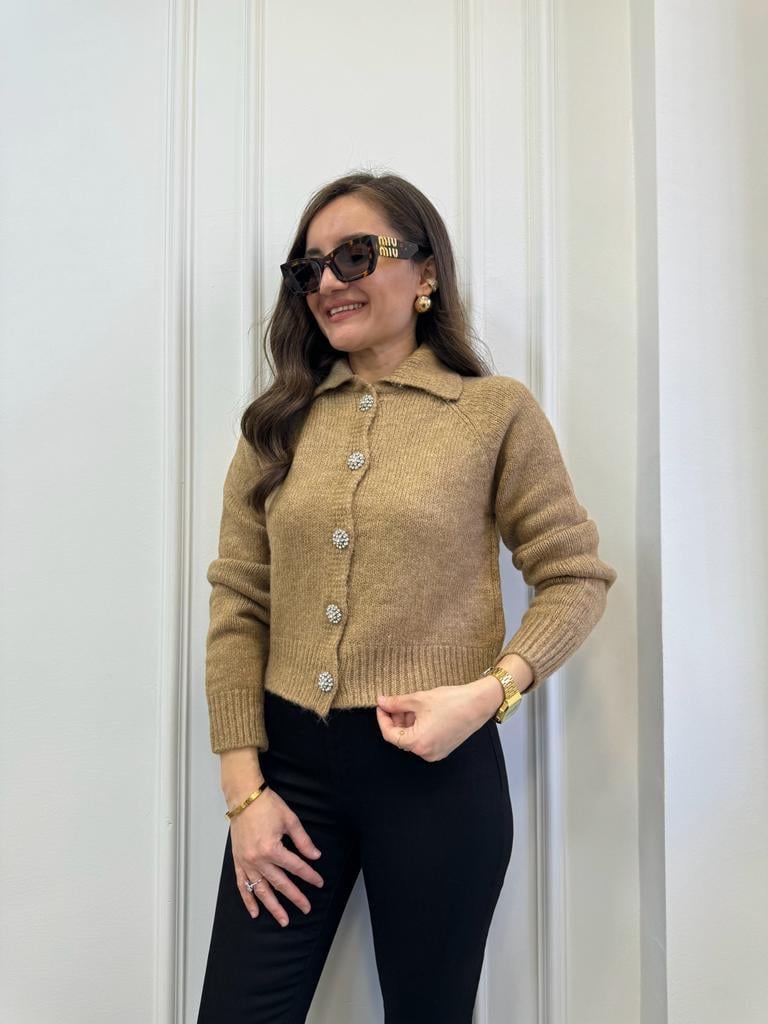 Camel Taş Düğme Detaylı Polo Yaka Hırka 3844