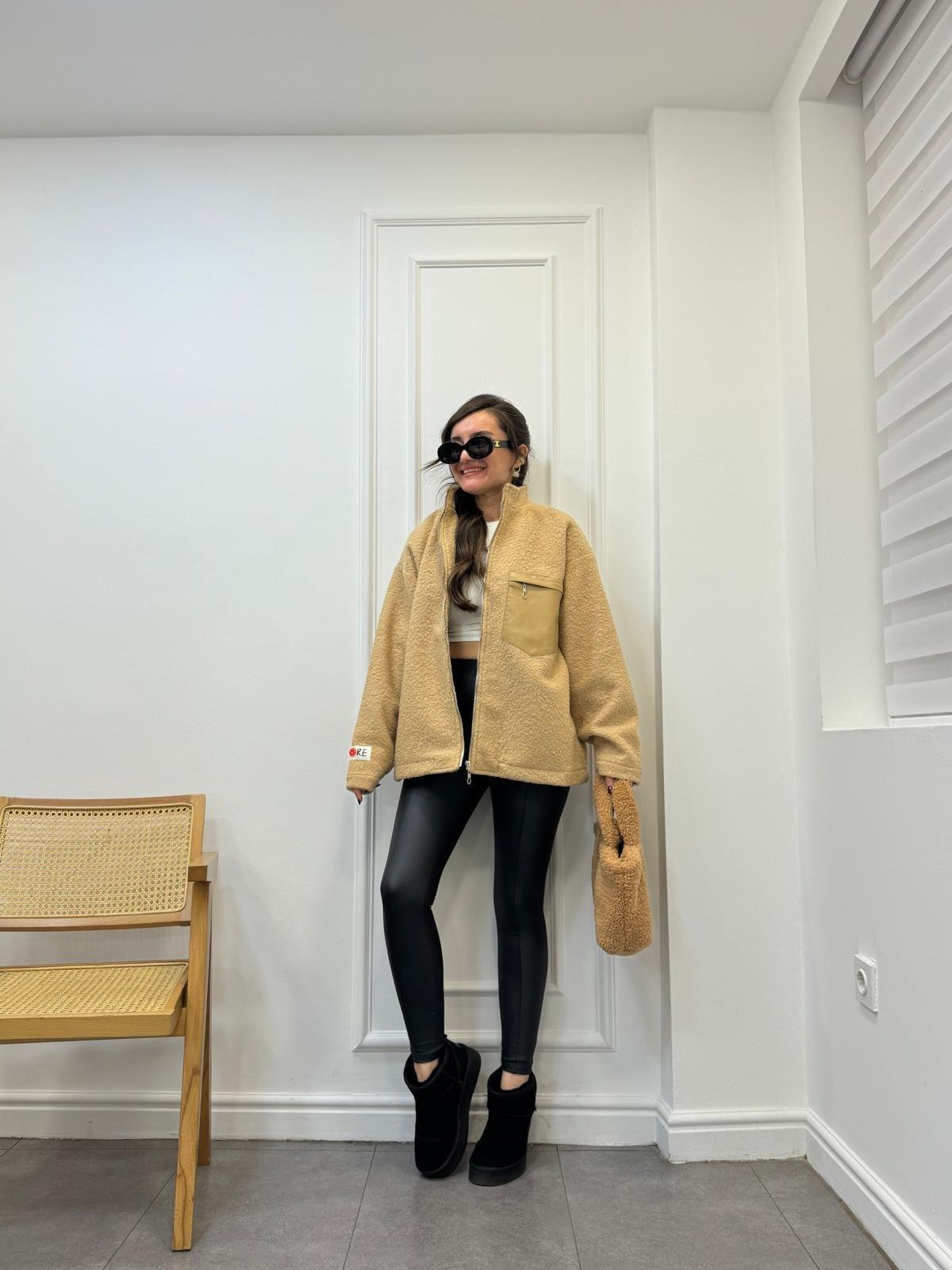 Camel Teddy Lüx Kalite Deri Cepli Astarlı Ceket 6110