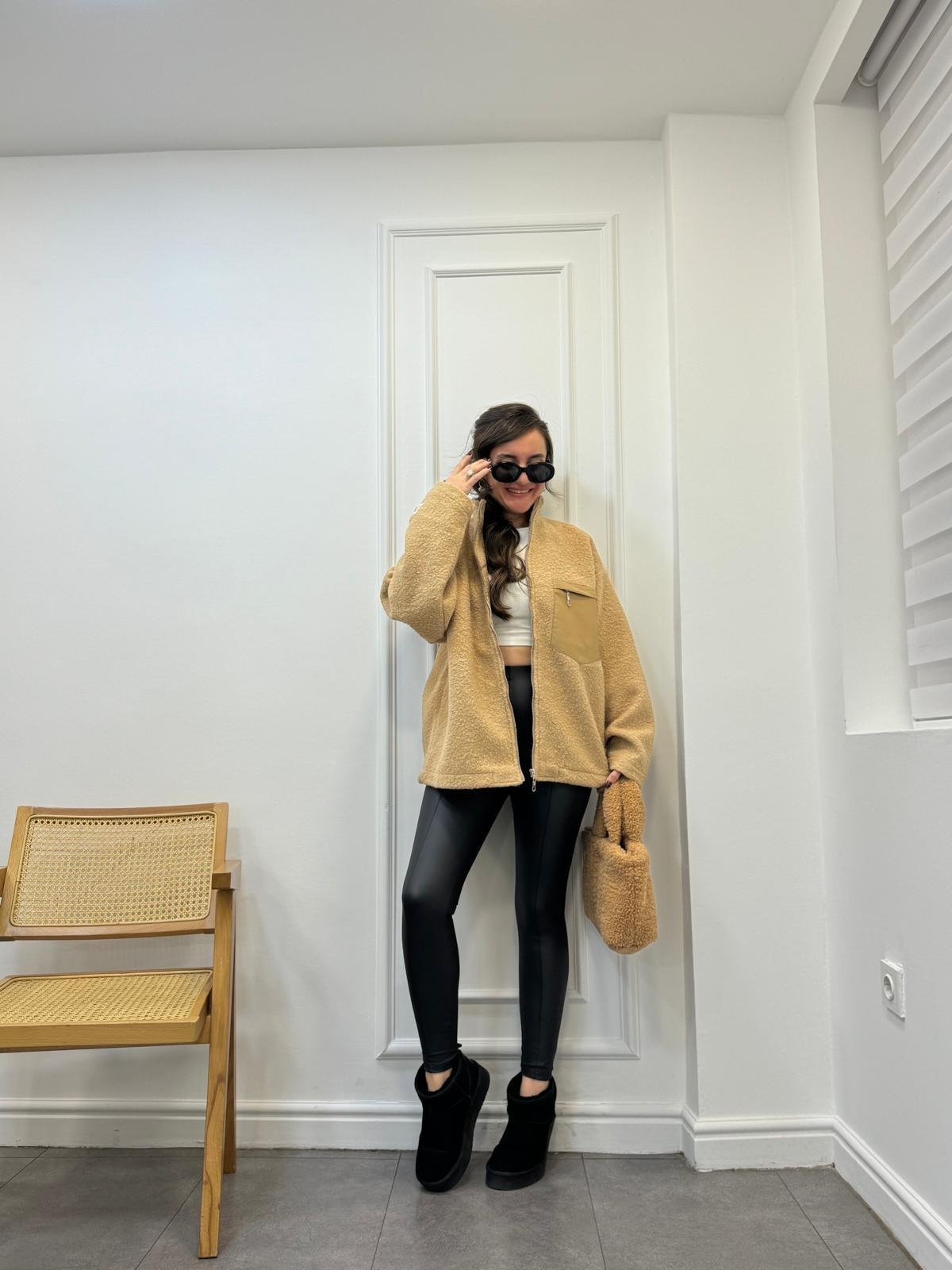 Camel Teddy Lüx Kalite Deri Cepli Astarlı Ceket 6110