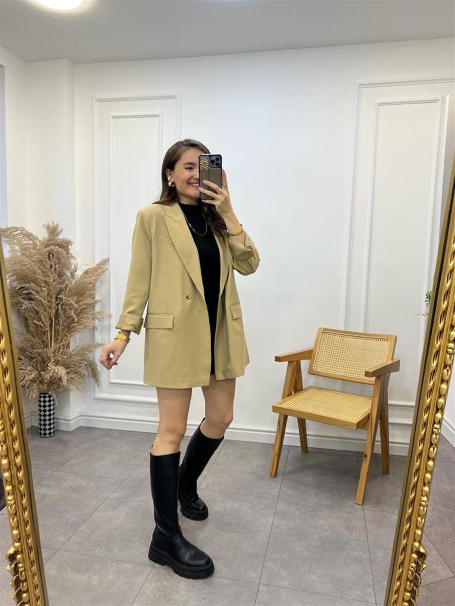 Camel Tek Düğme Oversize Blazer Ceket 9287