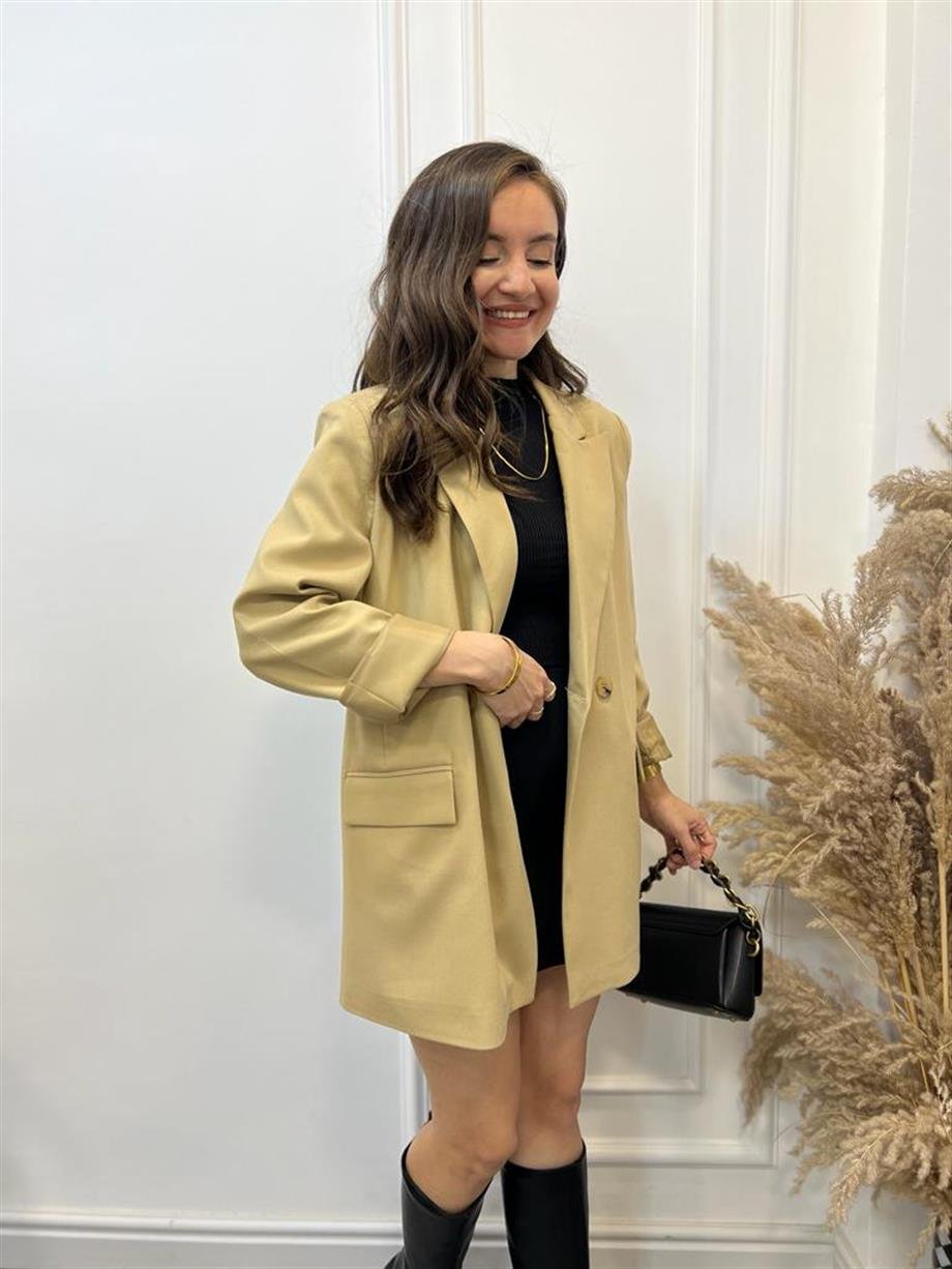 Camel Tek Düğme Oversize Blazer Ceket 9287