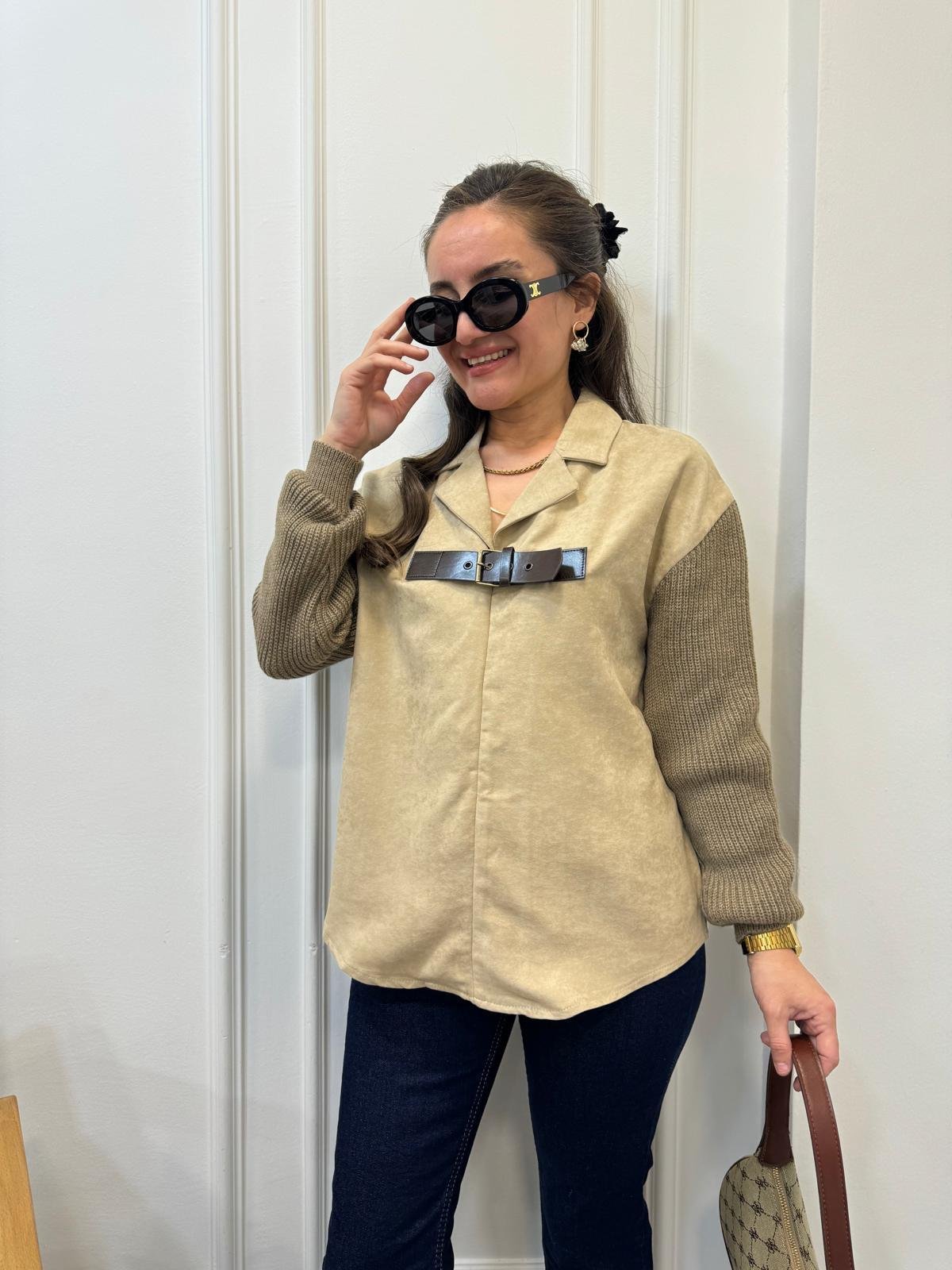 Camel Triko Kollu Kemer Detaylı Nubuk Bluz 35577