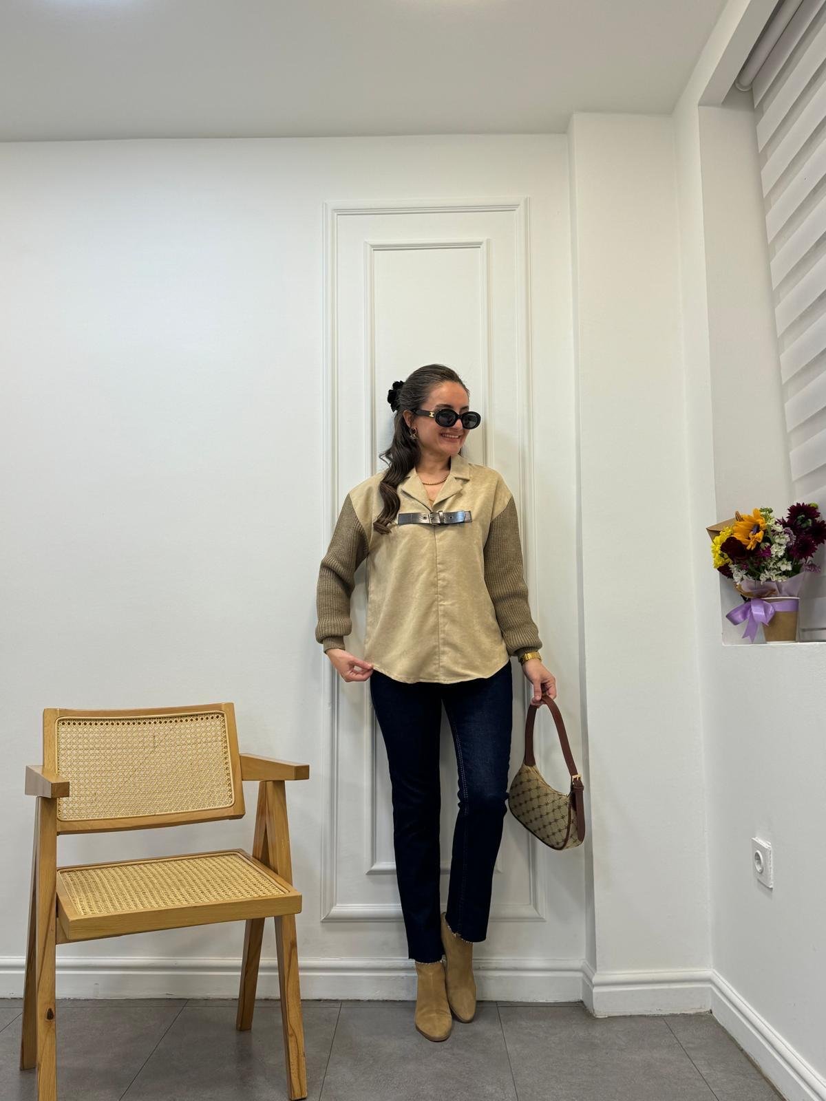 Camel Triko Kollu Kemer Detaylı Nubuk Bluz 35577