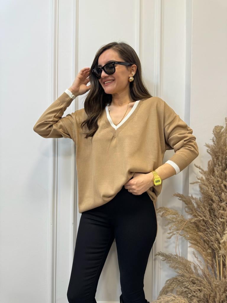 Camel V Yaka Beyaz Şeritli Triko Bluz 3743