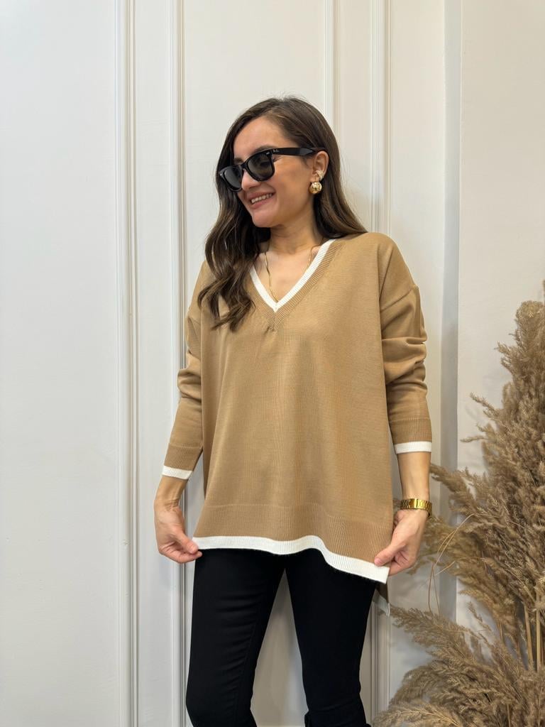 Camel V Yaka Beyaz Şeritli Triko Bluz 3743