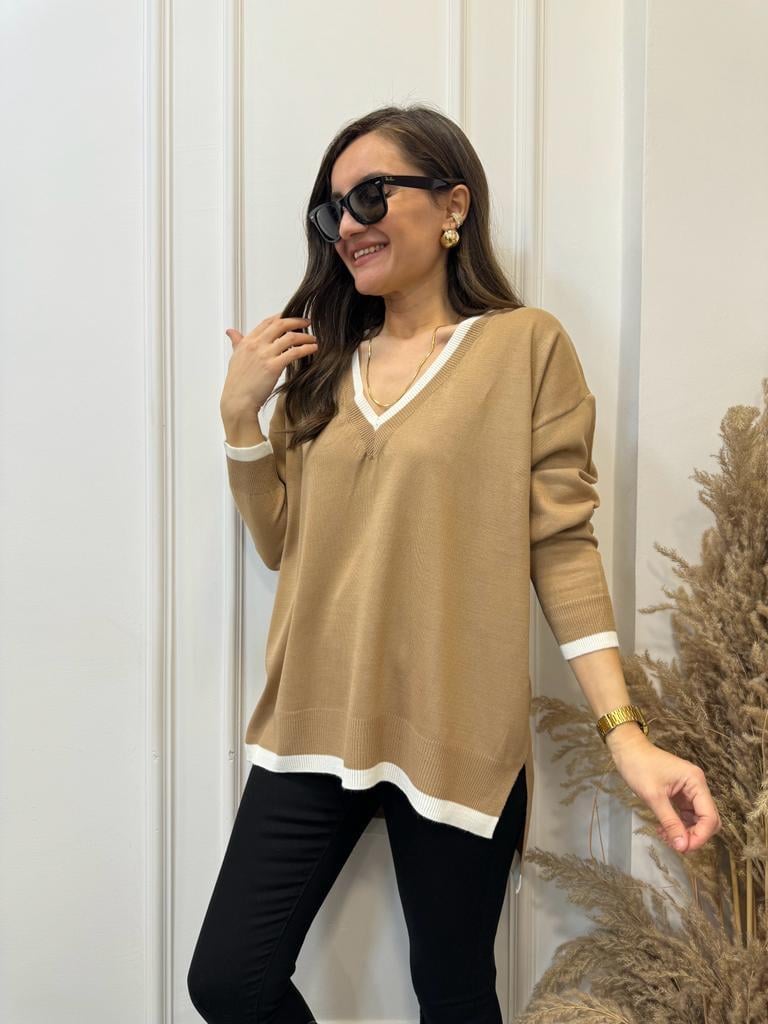 Camel V Yaka Beyaz Şeritli Triko Bluz 3743
