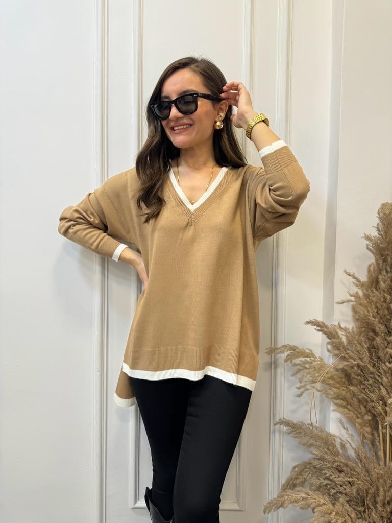 Camel V Yaka Beyaz Şeritli Triko Bluz 3743